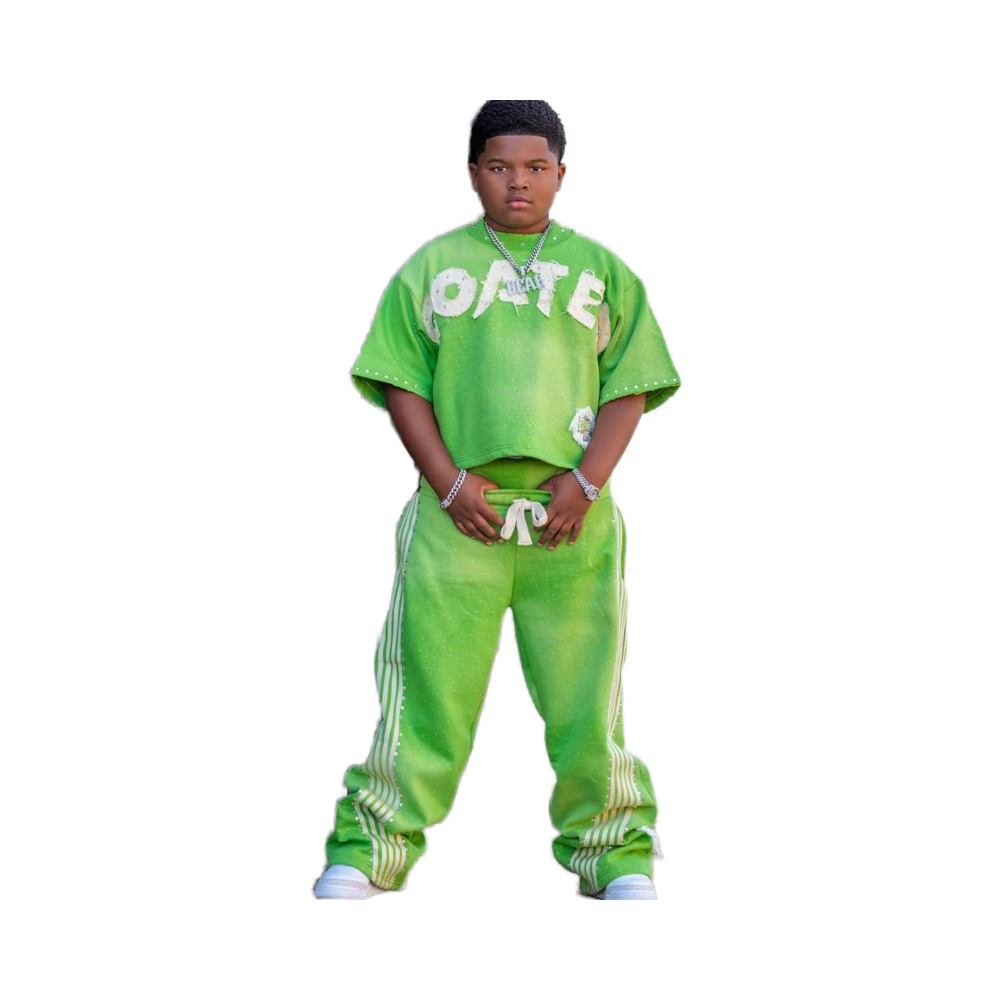 Customized appliqué patch embroidered two-piece children's tracksuit, 100% cotton, double waist striped sweatpants, 2025