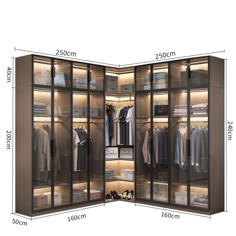 Wooden L-shaped Connor INS bedroom furniture cabinet organizer wardrobe with LED light glass door wardrobe